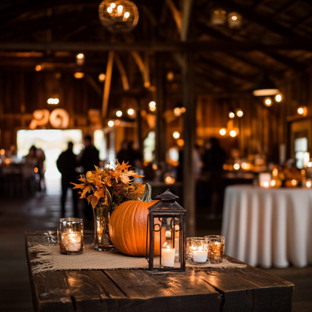 A rustic barn engagement party with autumn leaves, lanterns, burlap decor, comfort food, and fall-inspired cocktails in a warm, welcoming venue.