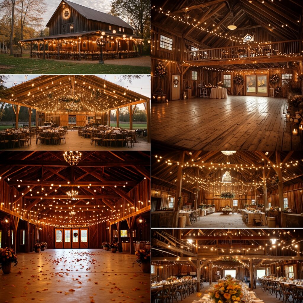 A rustic barn wedding venue in September, with string lights, wood accents, and golden fall foliage, offers a cozy indoor setting and charming outdoor space.