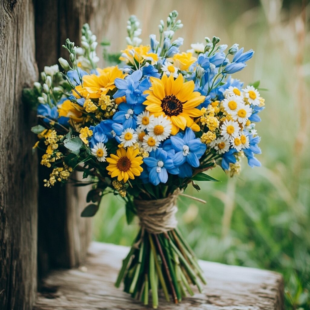 Charming rustic bouquet featuring a mix of blue delphiniums, yellow sunflowers, and daisies, tied with twine for a whimsical outdoor wedding vibe.