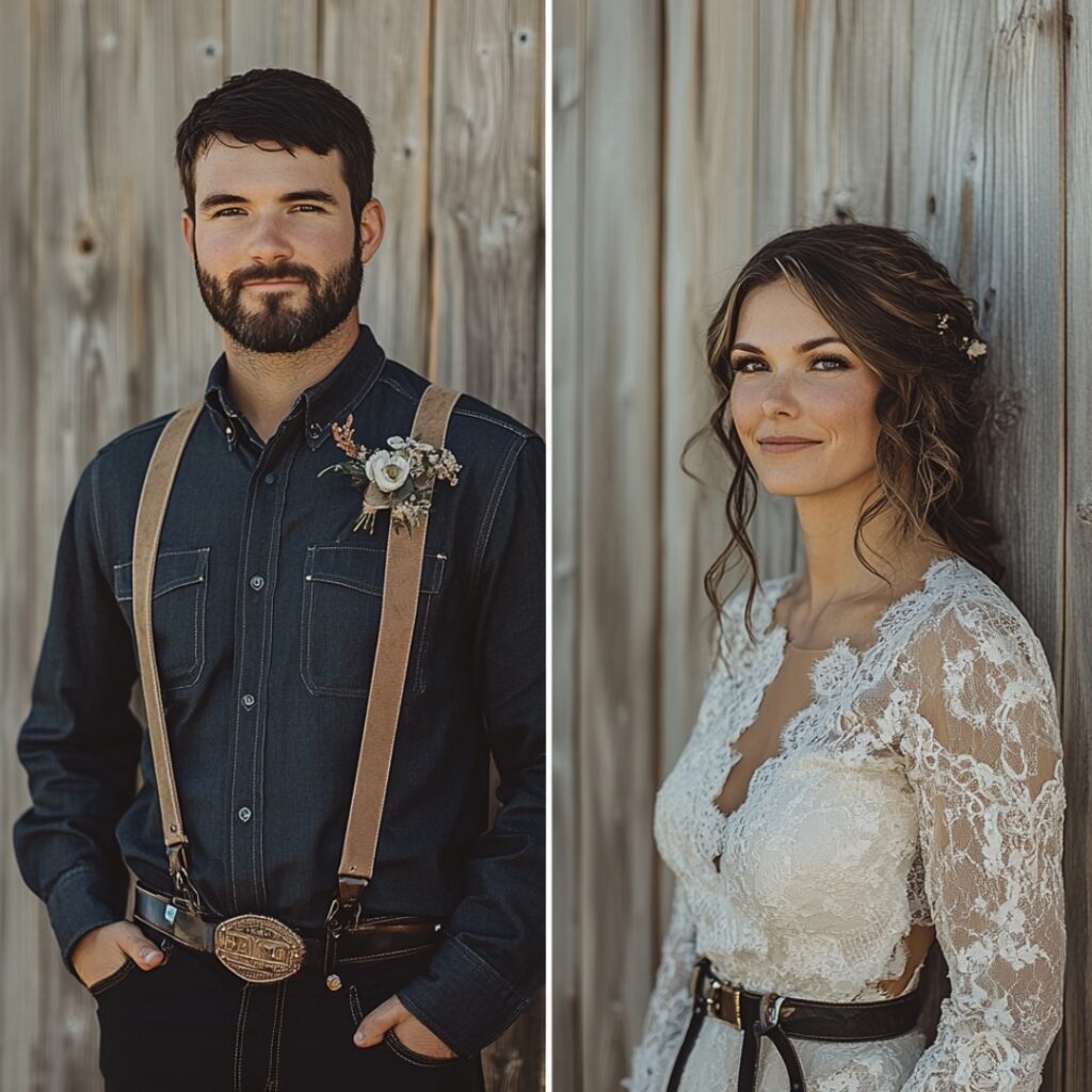 Couple dressed in a rustic barn wedding style with the groom in a dark denim shirt and suspenders, and the bride in a lace dress and cowboy boots.