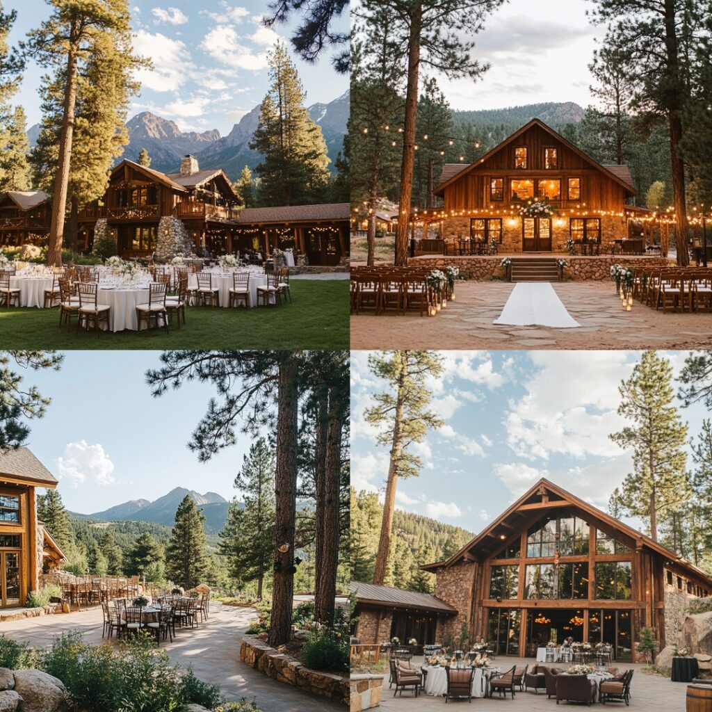 A rustic lodge surrounded by towering pines and expansive mountain views offers an intimate and scenic venue for a charming mountain wedding.