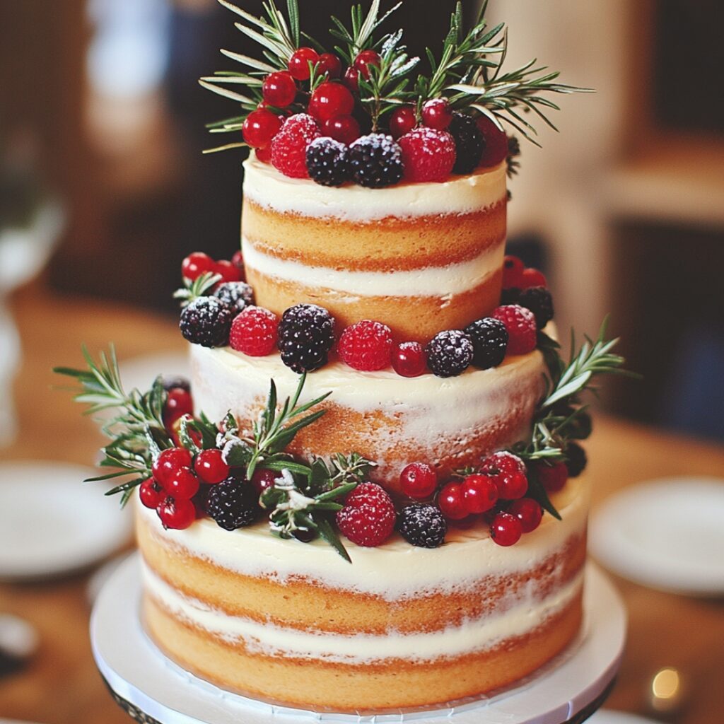 A rustic naked wedding cake with exposed layers, decorated with fresh berries and sprigs of rosemary, perfect for a barn wedding.