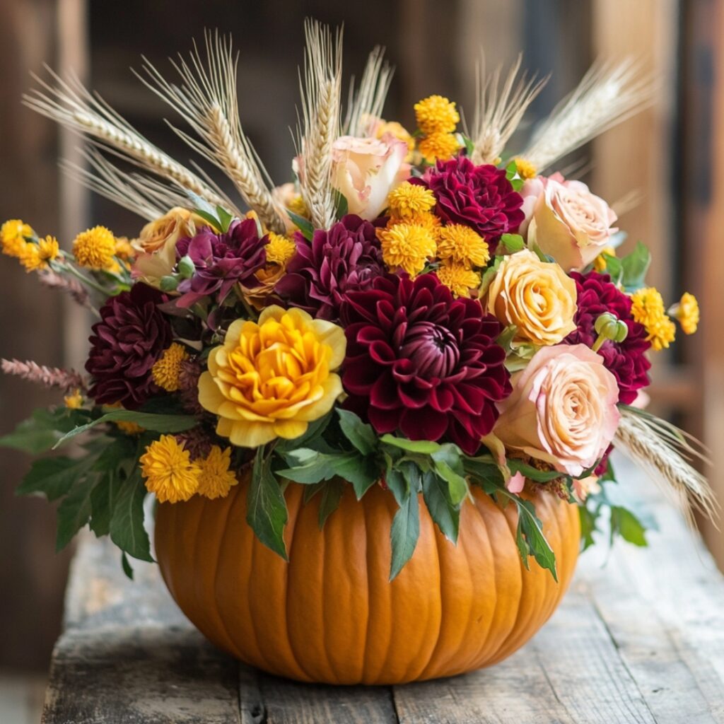 A charming fall floral centerpiece featuring a hollowed-out pumpkin filled with burgundy dahlias, orange roses, and yellow chrysanthemums, accented by rustic wheat.