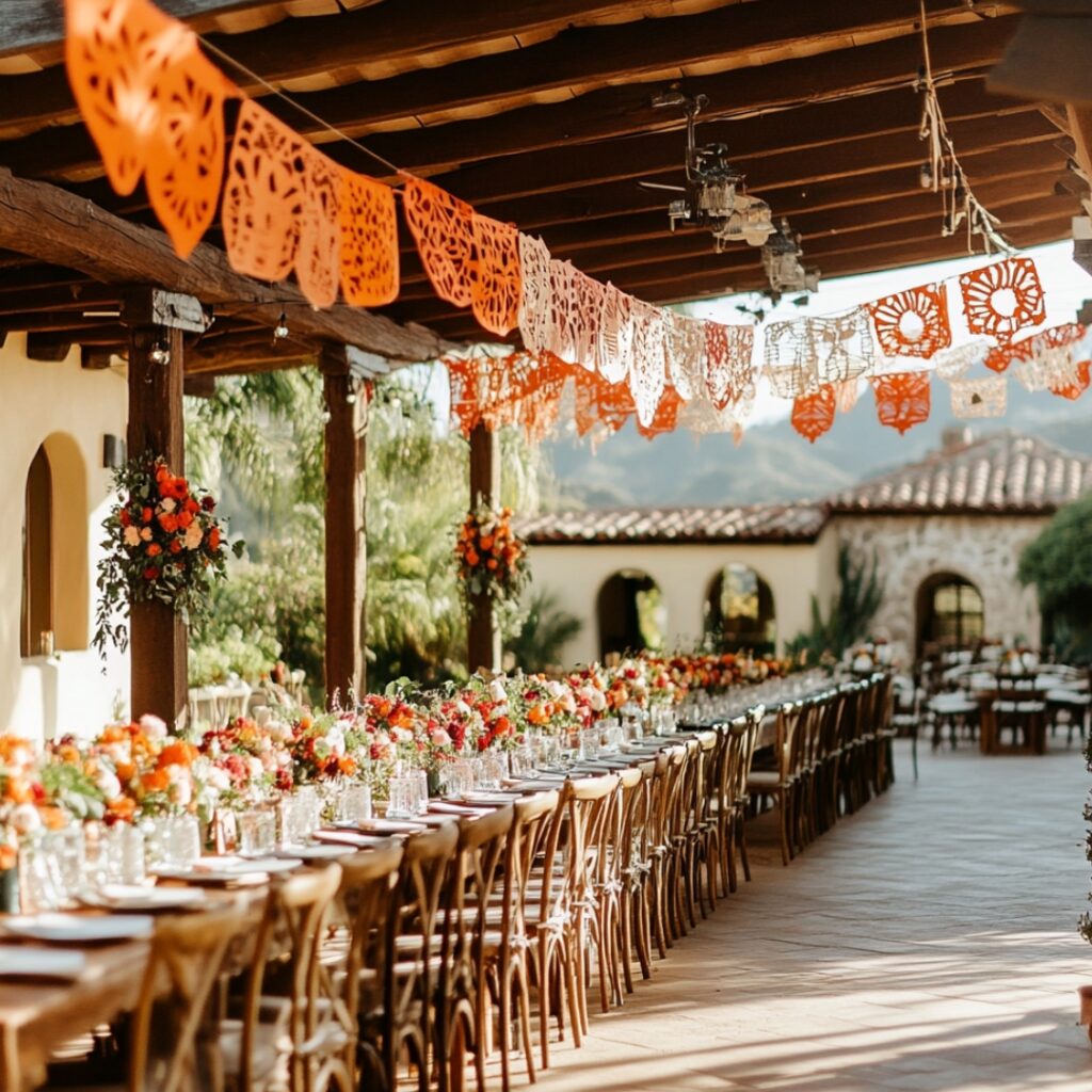 A rustic rancho wedding venue featuring vibrant papel picado banners, terracotta tiles, and natural wood, blending Mexican cultural elements with scenic charm.