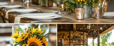 Rustic sunflower wedding showcasing a blend of vibrant sunflowers with burlap, wood, and greenery, creating a warm and timeless atmosphere for a countryside celebration.