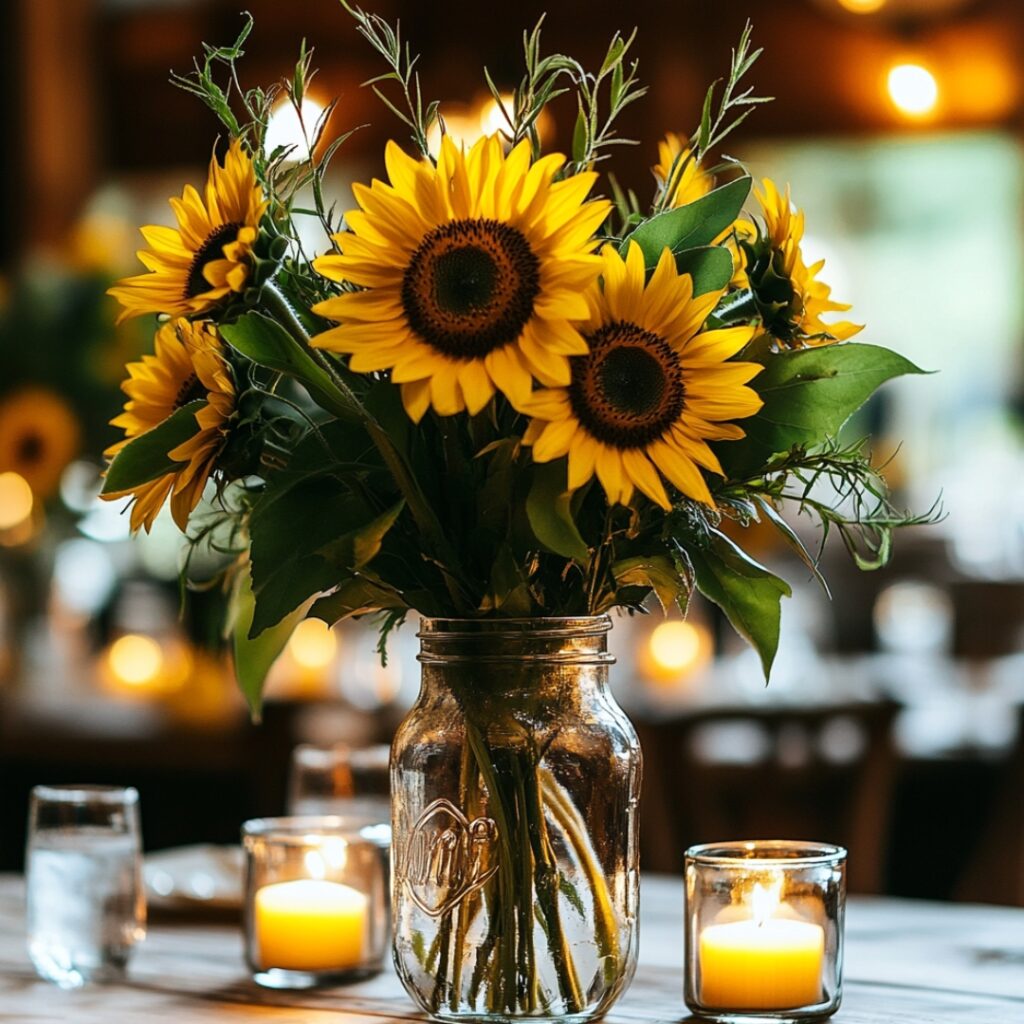 Rustic sunflower wedding centerpiece with tall sunflowers, greenery, and candles in a mason jar for a cozy farmhouse-inspired reception decor.