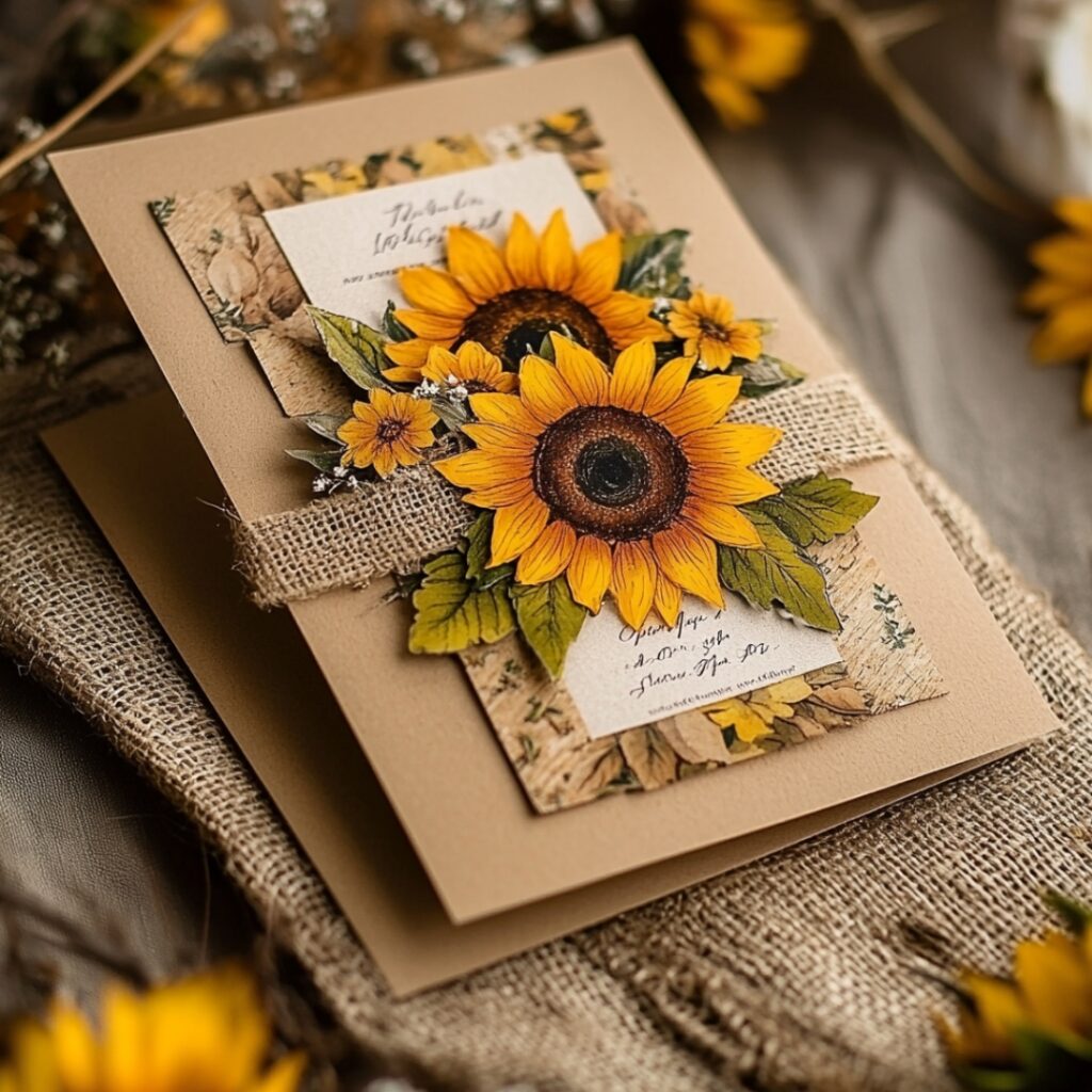 Rustic sunflower wedding invitation featuring vibrant sunflowers on kraft paper with burlap accents and elegant calligraphy for a charming countryside vibe.