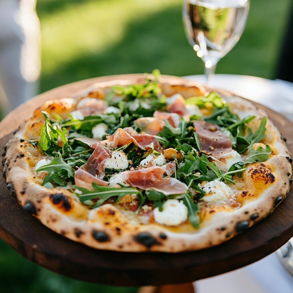 Crispy wood-fired pizza topped with mozzarella, prosciutto, arugula, and truffle oil, adding a gourmet yet casual touch to your vineyard wedding.