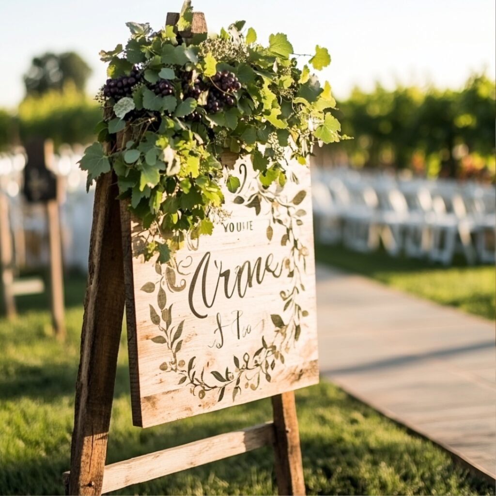Handcrafted wooden signs with custom calligraphy, offering a warm welcome and directing guests through the vineyard wedding venue.
