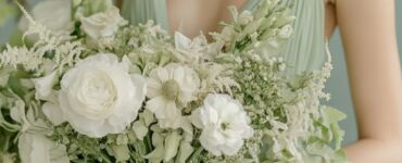 A beautiful and cohesive bridal party in sage green, featuring coordinated dresses, accessories, and decor, creating a timeless and elegant wedding look with a touch of natural beauty.