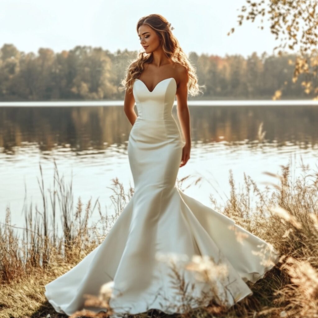 A satin mermaid wedding dress with a fitted bodice and dramatic flared skirt, offering elegance and sophistication for a lakefront wedding.