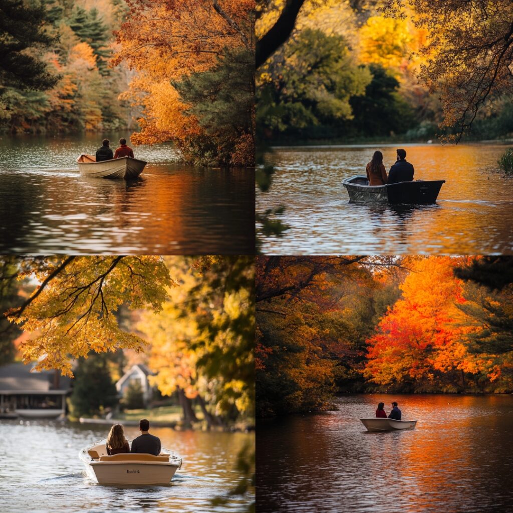 A romantic scenic boat ride proposal in September, with tranquil waters and vibrant autumn colors creating a serene backdrop for a heartfelt moment.