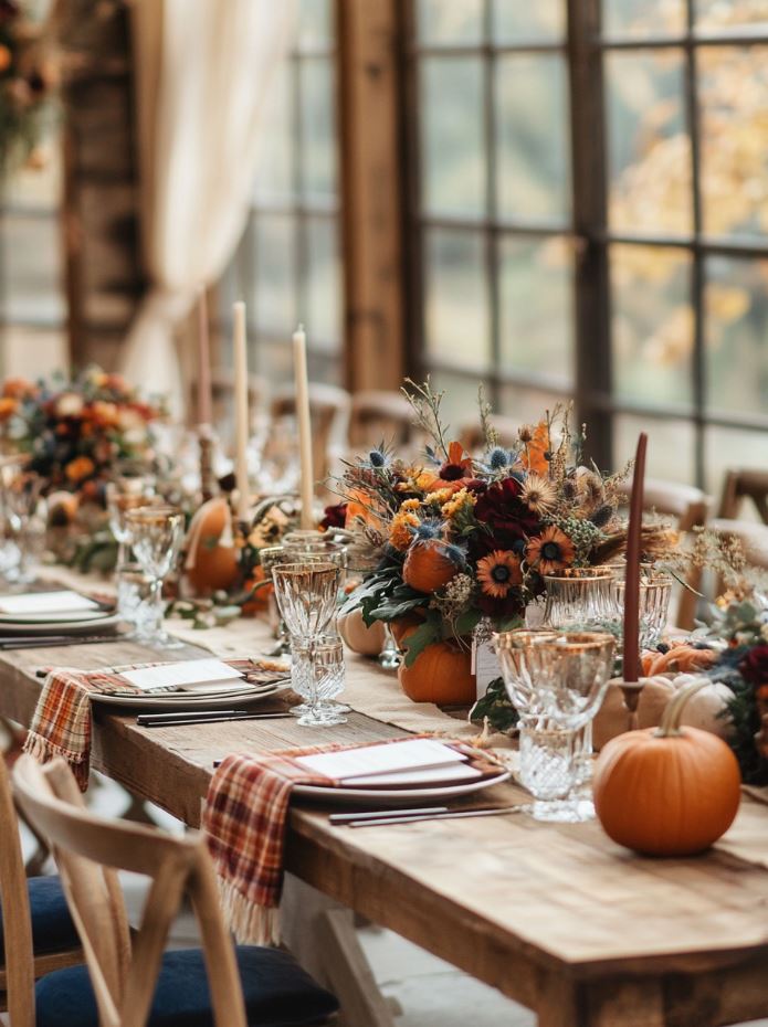 Fall-themed wedding decor with pumpkins, gourds, autumn leaves, burlap table runners, plaid accents, velvet chair sashes, candles, and dried flower wreaths, bringing autumn’s colors and textures into the celebration.