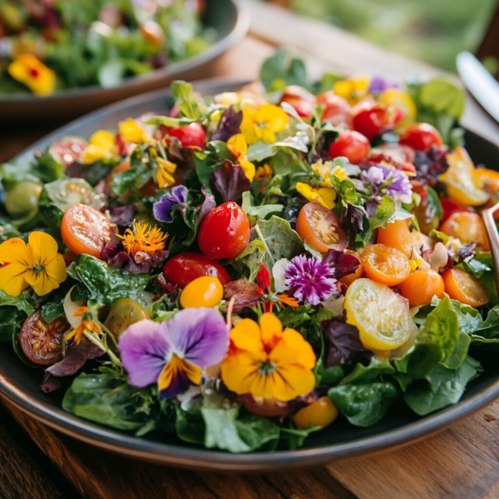 A fresh and colorful garden salad with locally sourced greens, heirloom tomatoes, and edible flowers, perfect for a vineyard-inspired wedding menu.