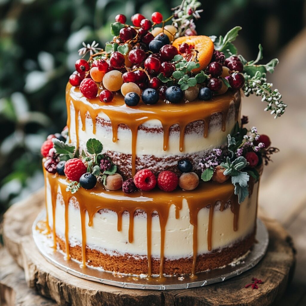 A semi-naked wedding cake with light frosting and caramel drip icing, topped with seasonal fruits and herbs, offering a rustic yet luxurious look.