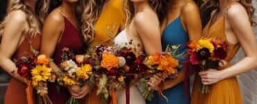 bridesmaid dresses in various styles and colors, including deep burgundy, dusty blue, mustard yellow, sage green, mauve, navy blue, burnt orange, and blush pink. Each dress style is carefully chosen to reflect the charm of a September wedding, showcasing the diversity of options that enhance the seasonal beauty and create a cohesive look for the bridal party.