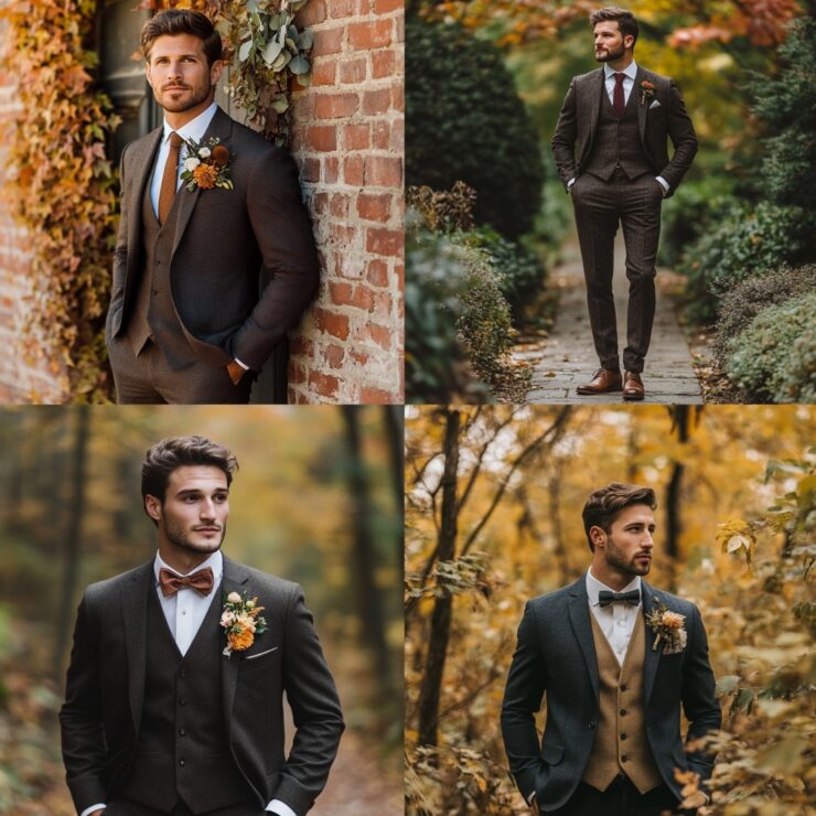 A groom standing confidently in stylish wedding attire, surrounded by fall-inspired colors and textures, showcasing the perfect blend of personal style and seasonal beauty for a September wedding.