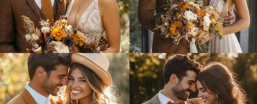 A couple at a September wedding dressed in complementary outfits that blend summer warmth with autumn richness, creating a cohesive and memorable look that highlights their personalities and the season.