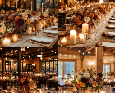 A beautifully decorated September wedding venue, featuring warm candlelight, seasonal flowers, and natural textures that capture the charm and richness of fall, creating a memorable and inviting atmosphere.