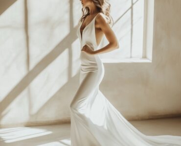 wedding dress styles, including minimalist crepe dresses and dramatic mermaid gowns, reflecting the charm of a September wedding, perfect for embracing the transition from summer to fall and making a memorable bridal statement.