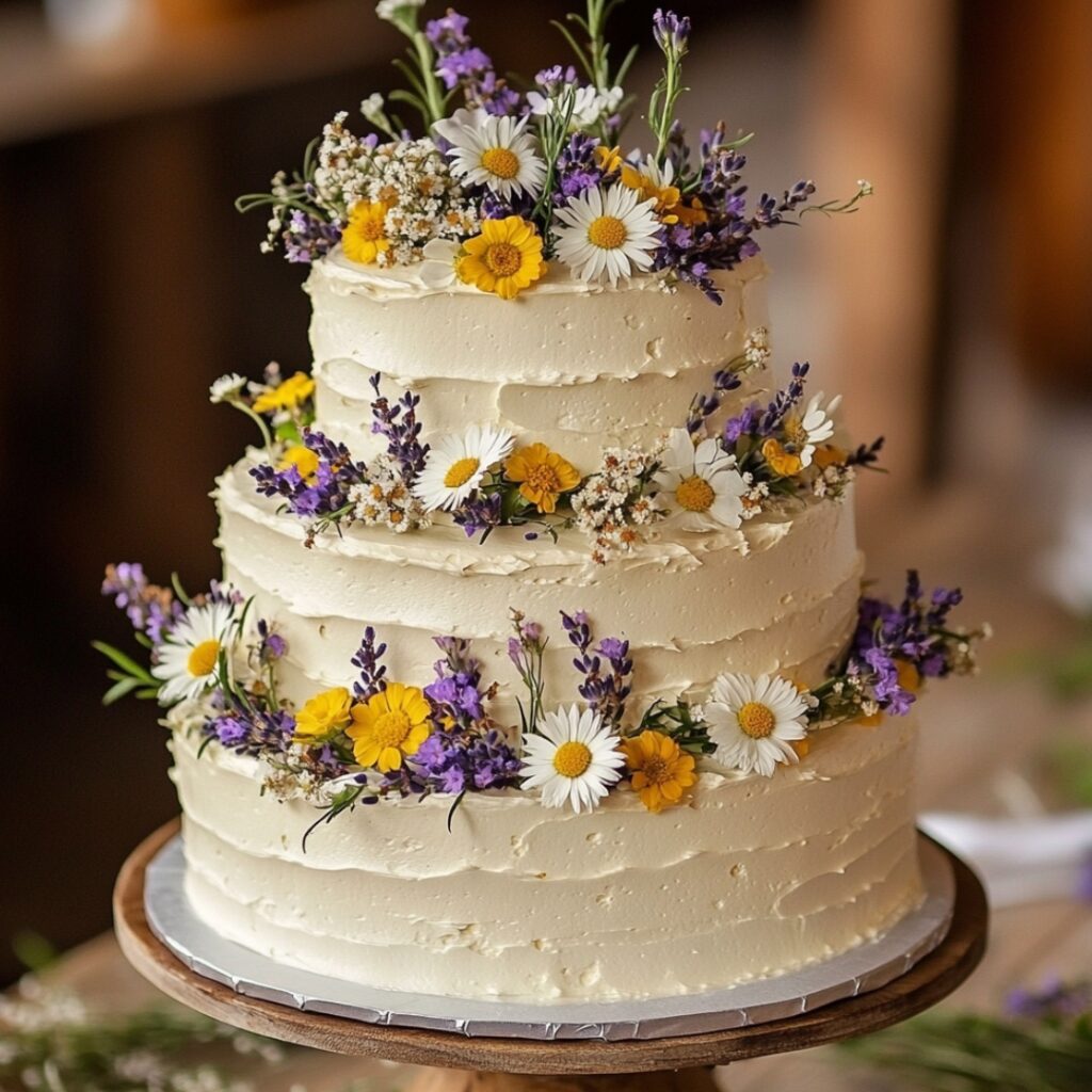 A simple buttercream wedding cake adorned with wildflowers like daisies and lavender, offering a natural, rustic charm for a barn wedding.