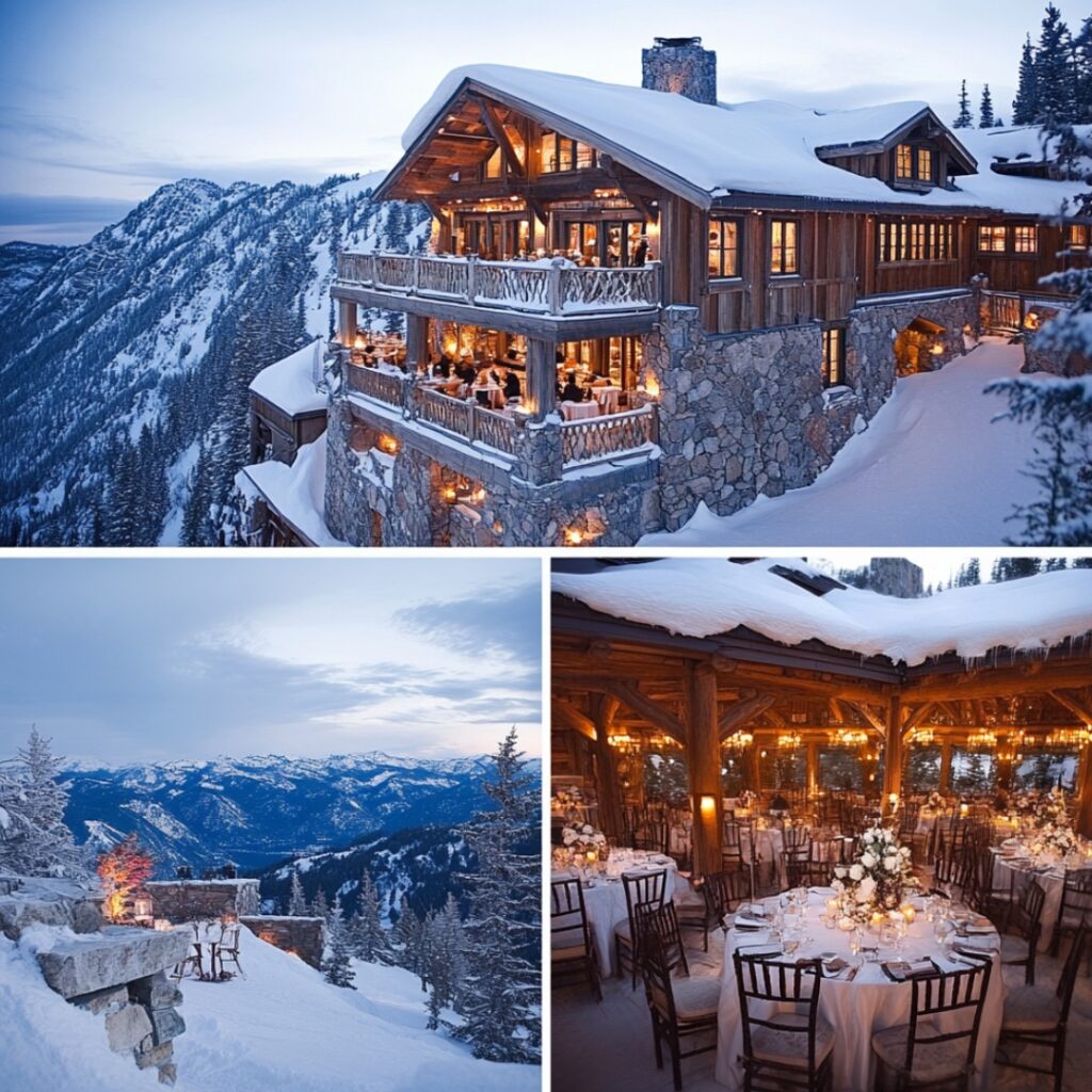 A snow-covered ski chalet atop a mountain offers a cozy, winter wonderland wedding experience with breathtaking views and intimate charm.