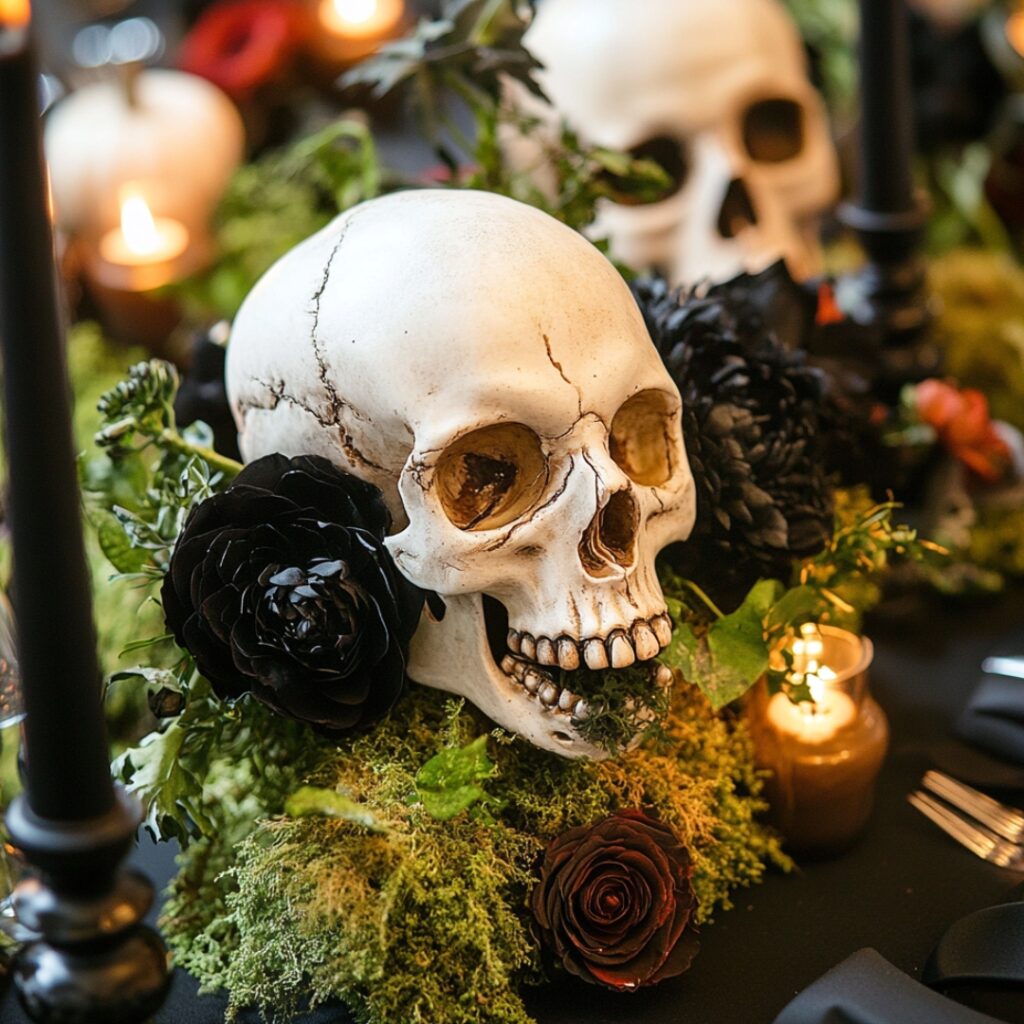A bold Halloween wedding centerpiece featuring realistic skulls and bones paired with dark flowers, moss, ivy, and black candles, creating a macabre elegance with a refined aesthetic for a hauntingly beautiful table display.