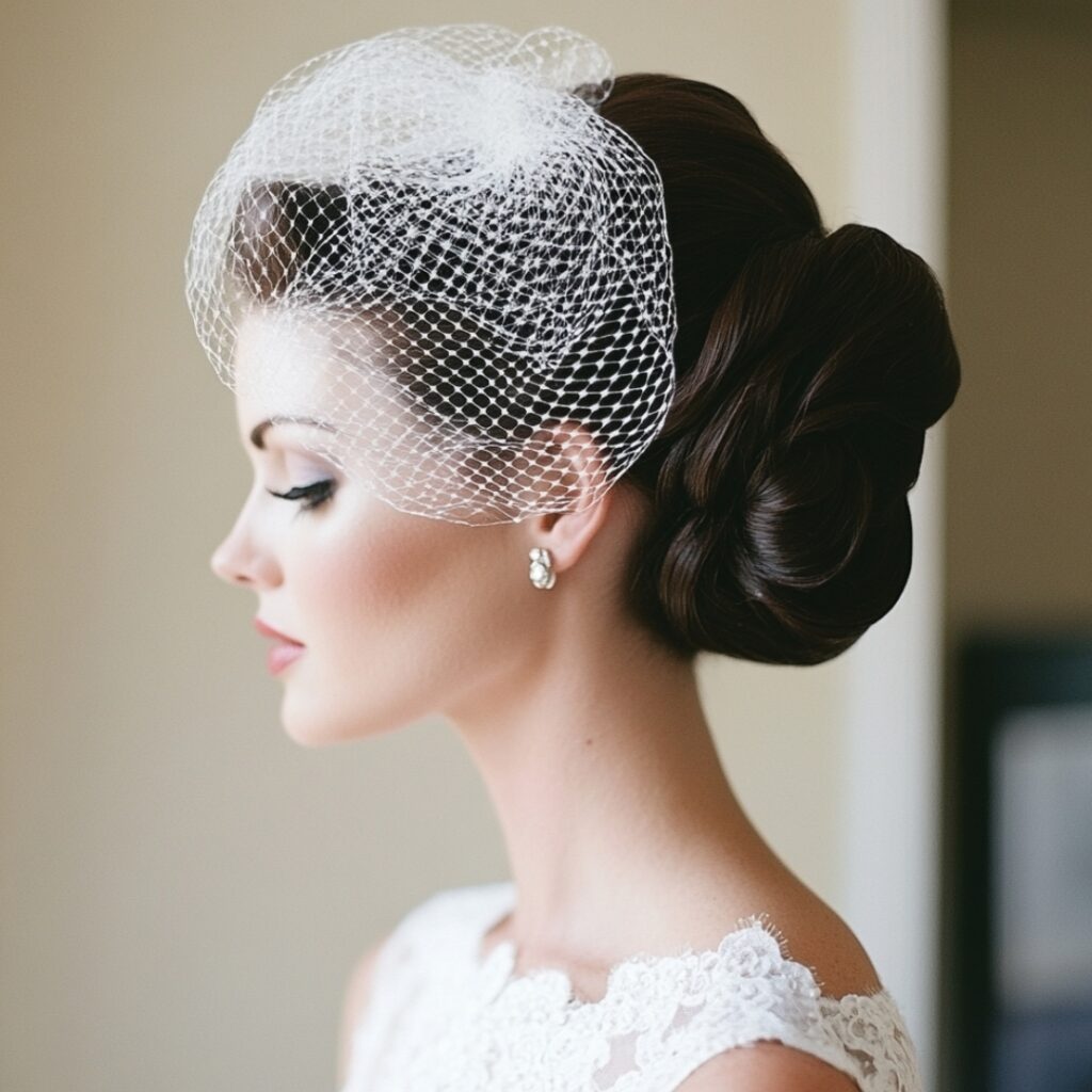 A polished high updo paired with a vintage birdcage veil, exuding old Hollywood glamour for brides seeking retro sophistication.