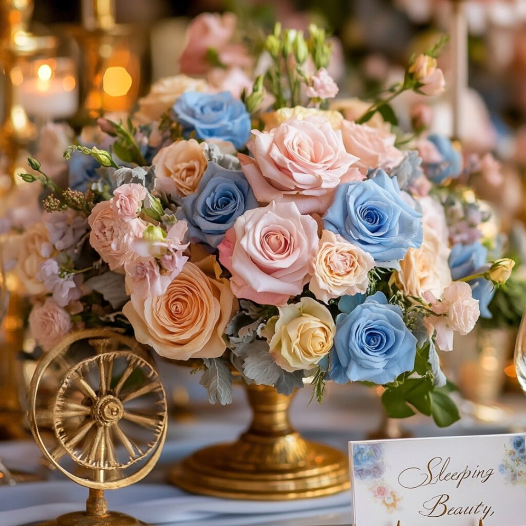 A spindle-themed centerpiece with a miniature spinning wheel, pink and blue roses, and golden accents, inspired by "Sleeping Beauty," creating a classic fairytale atmosphere.