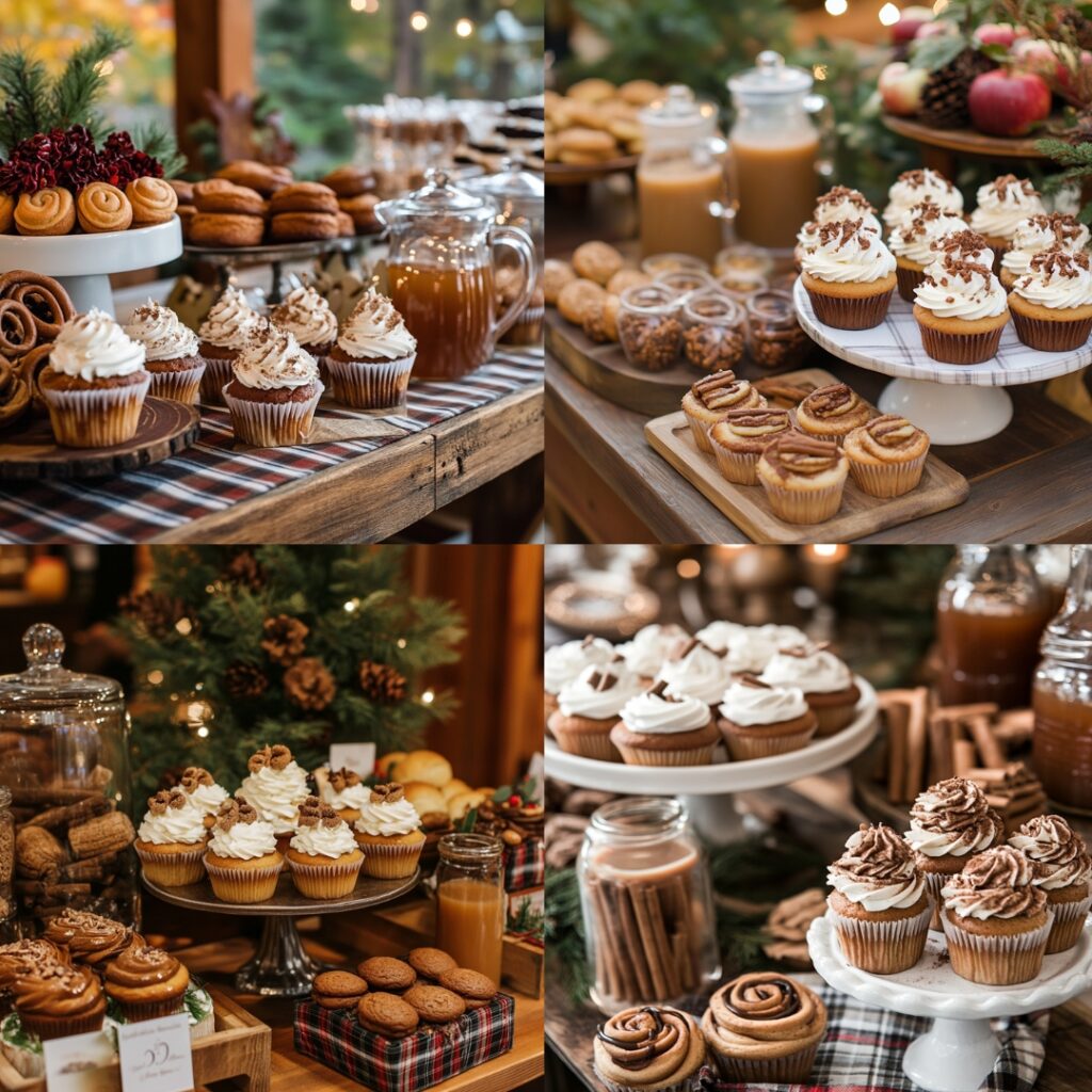 A cozy spice-themed dessert table adorned with chai spiced cupcakes, cinnamon rolls, and gingerbread cookies, complemented by plaid decor and a warm apple cider bar.