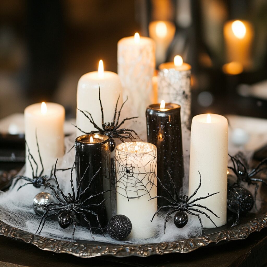 A chilling Halloween wedding centerpiece with a faux spider web draped across a tray, various black and white candles, plastic spiders, and silver or black glitter for a spooky yet glamorous look.