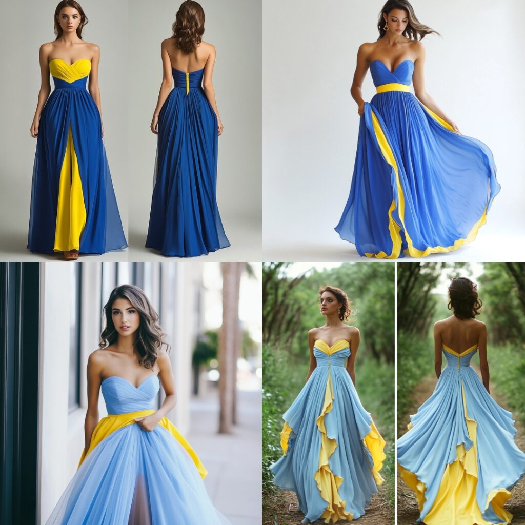 Chic strapless blue bridesmaid dress with yellow accents, showcasing a fitted bodice and flowing skirt, ideal for summer weddings.