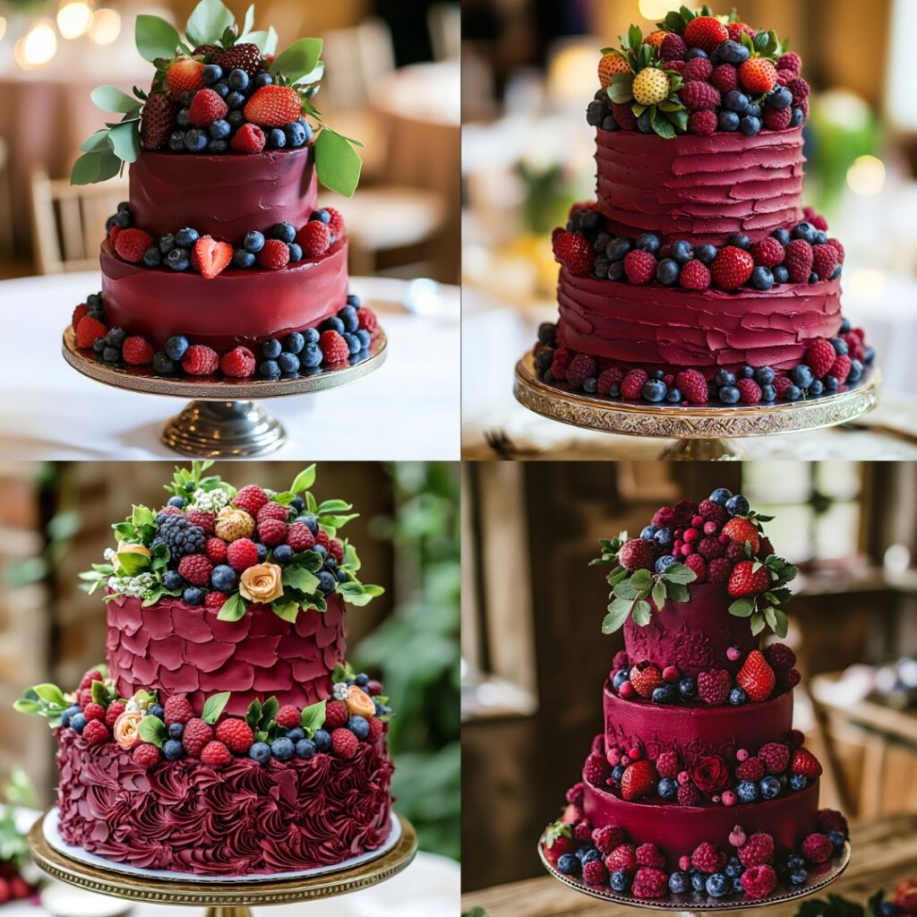 A beautifully decorated berry-themed wedding cake with rich burgundy icing and fresh strawberries, blueberries, and raspberries adorning the top.