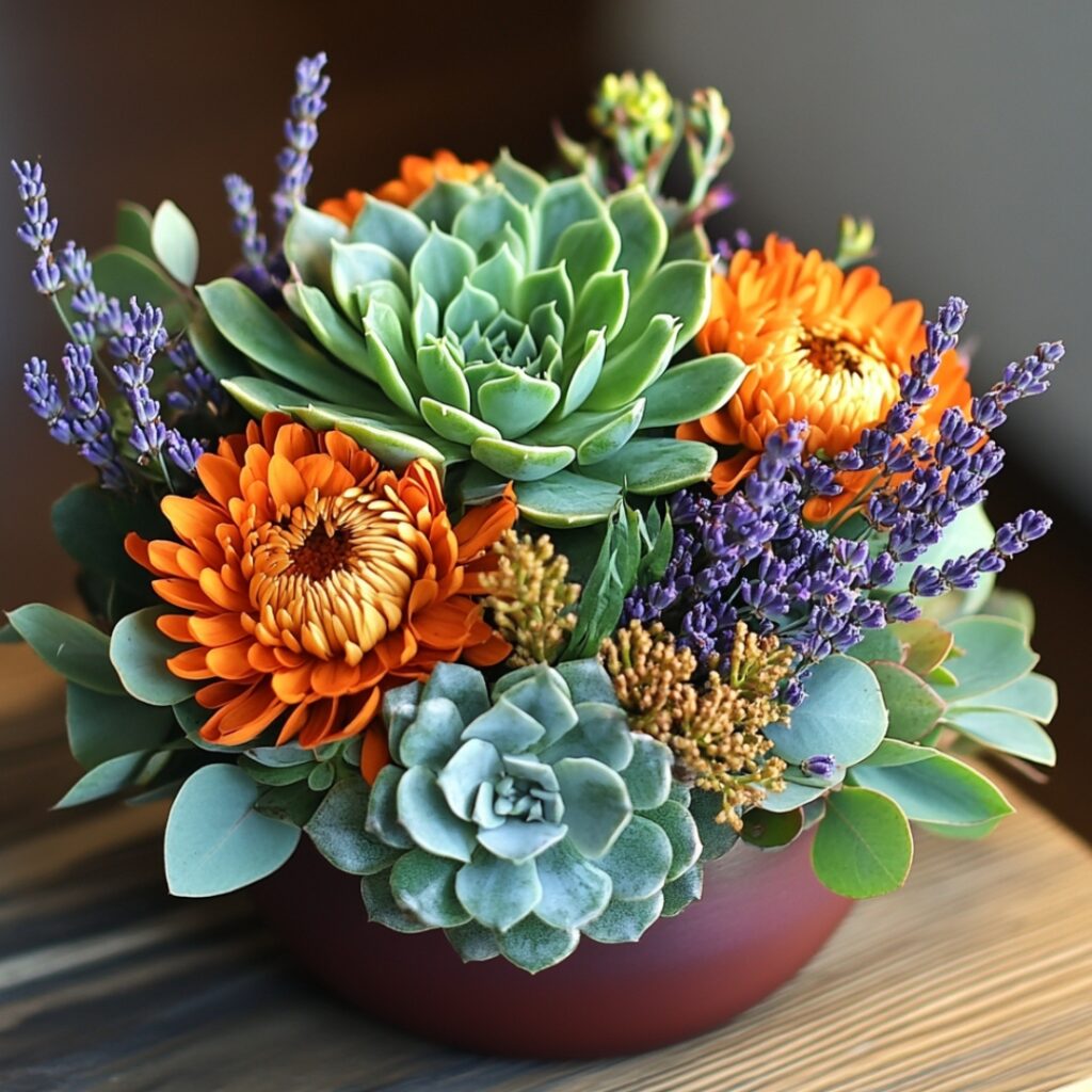 A trendy fall centerpiece blending green succulents with vibrant chrysanthemums and marigolds, creating a chic, modern display with fragrant eucalyptus and lavender accents.