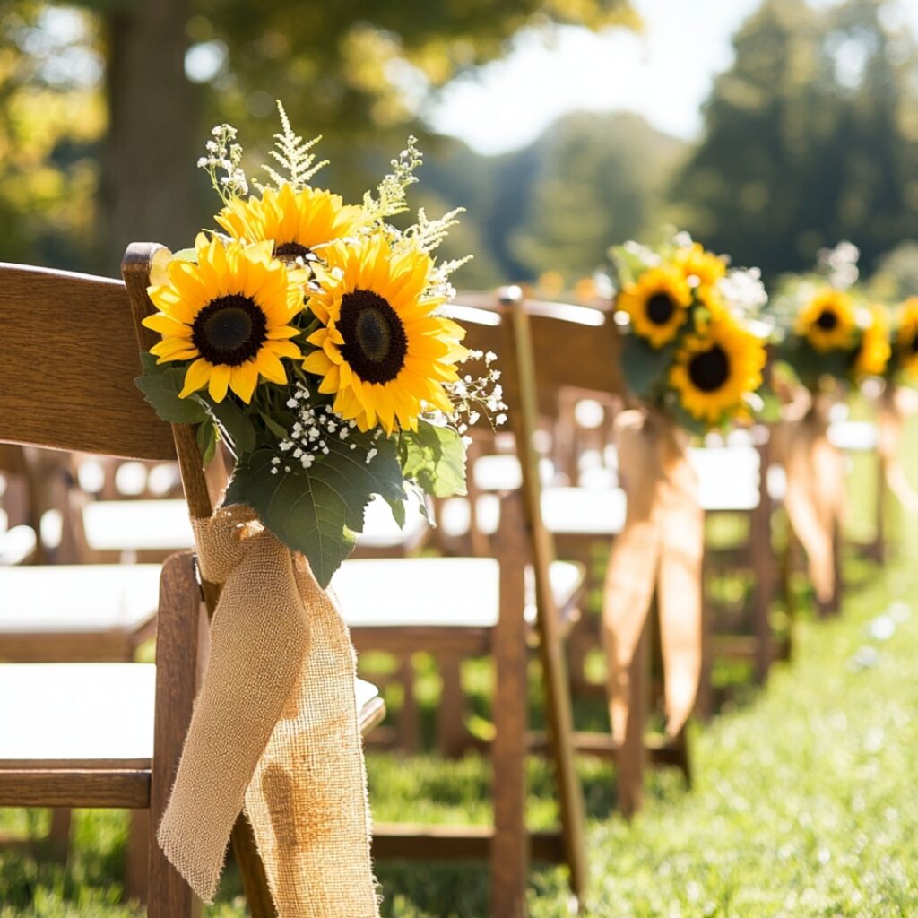 Rustic wedding aisle decor with sunflowers tied to wooden chairs using burlap ribbons, adding a bright and charming touch to the ceremony.