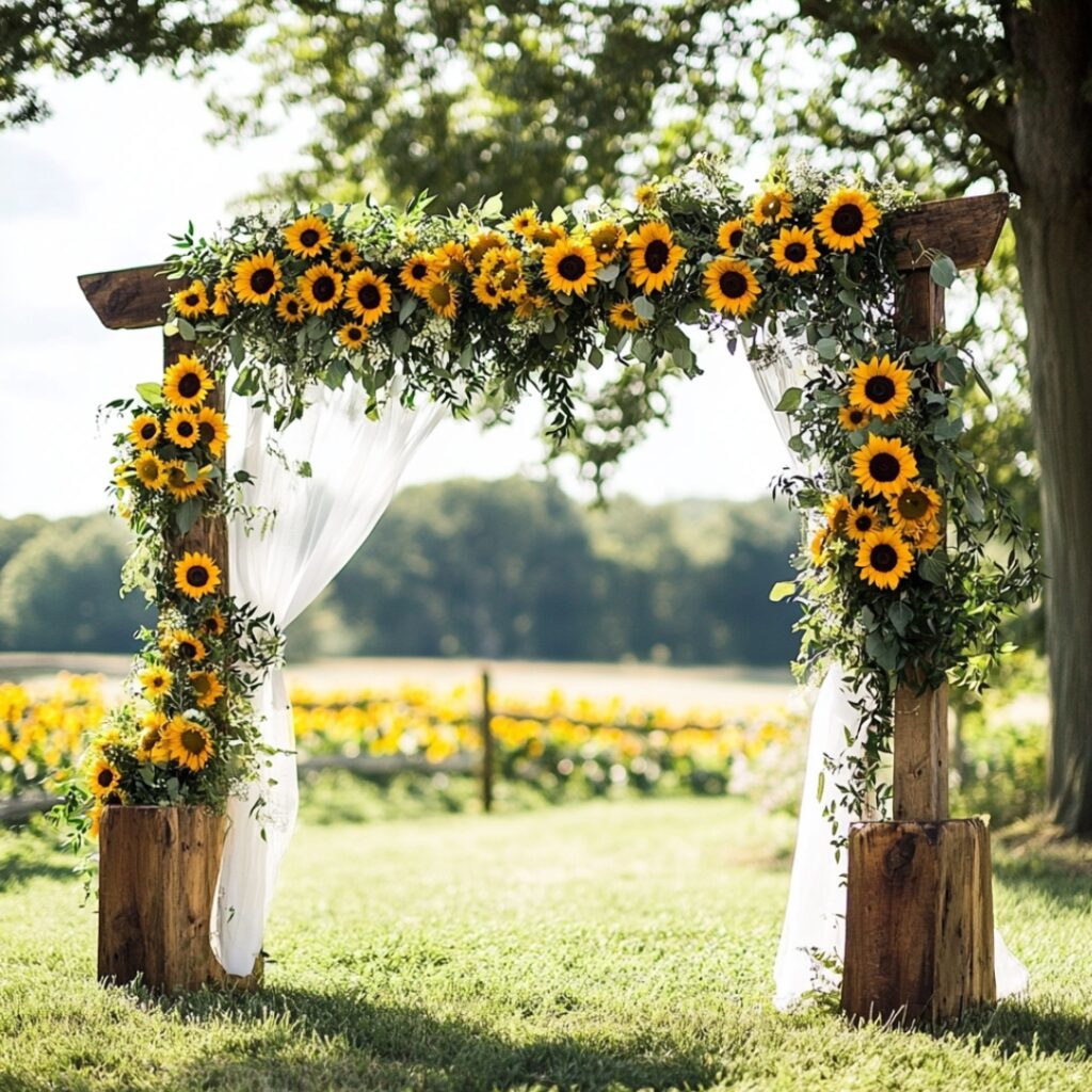 Rustic wedding arch adorned with cascading sunflowers and lush greenery, creating a stunning backdrop for a countryside ceremony.