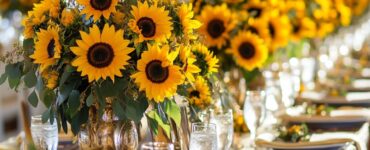 A vibrant wedding table showcasing sunflower centerpieces in various styles, from rustic to modern, adding a joyful and timeless touch to the celebration.