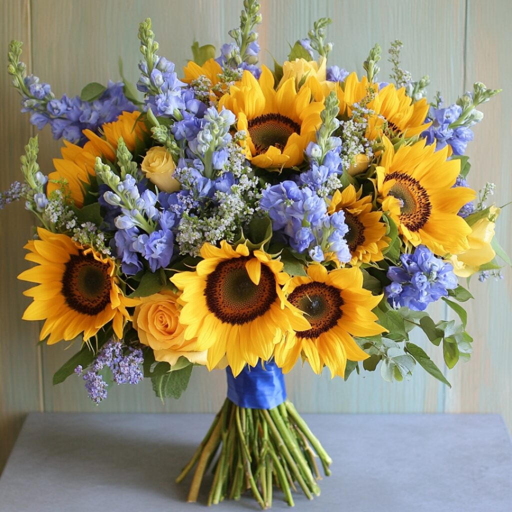 Bright sunflowers and tall blue delphiniums create a striking contrast, offering a bold yet elegant bouquet ideal for outdoor or summer weddings.