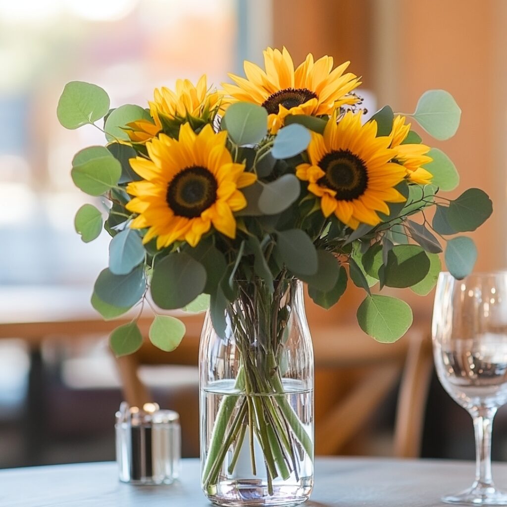 A modern wedding centerpiece combining bright yellow sunflowers with soft eucalyptus in a clear glass vase, creating an elegant and natural wedding decor.