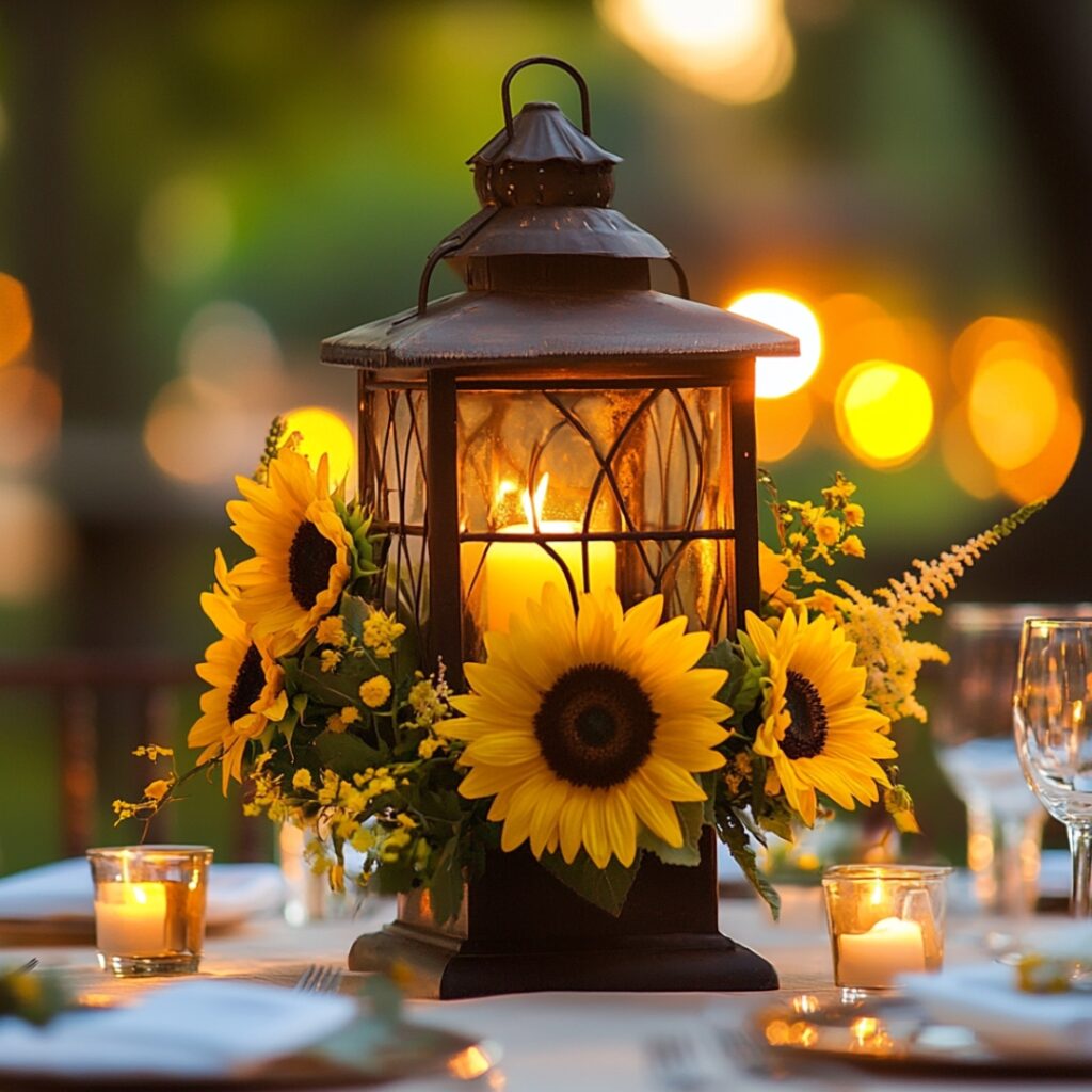A cozy sunflower centerpiece with fresh sunflowers surrounding a decorative lantern, adding a warm candlelit glow and rustic charm to the wedding table.