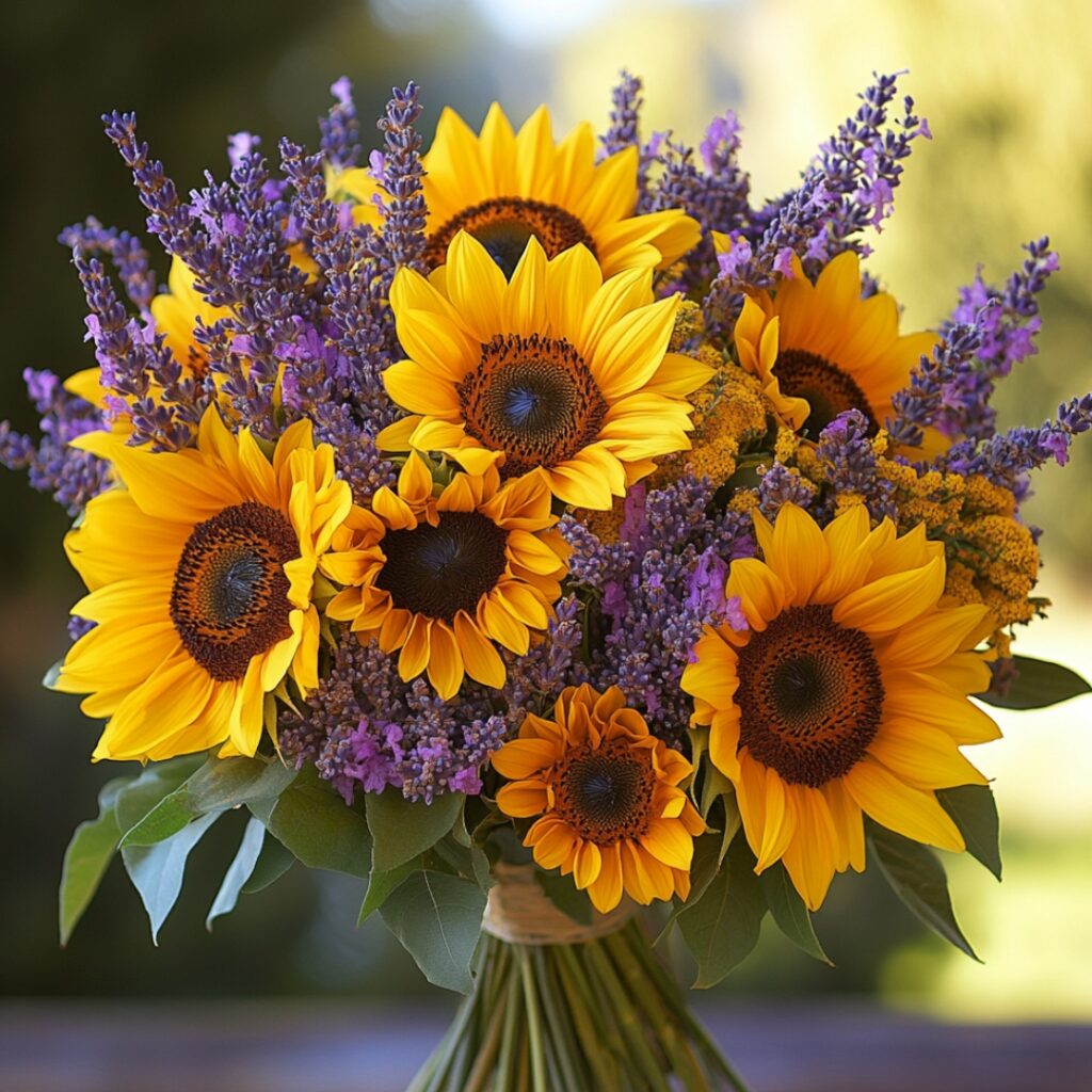 Sunflowers and sprigs of lavender combine for a rustic bouquet, featuring cheerful yellow blooms and soft purple hues with a calming fragrance.