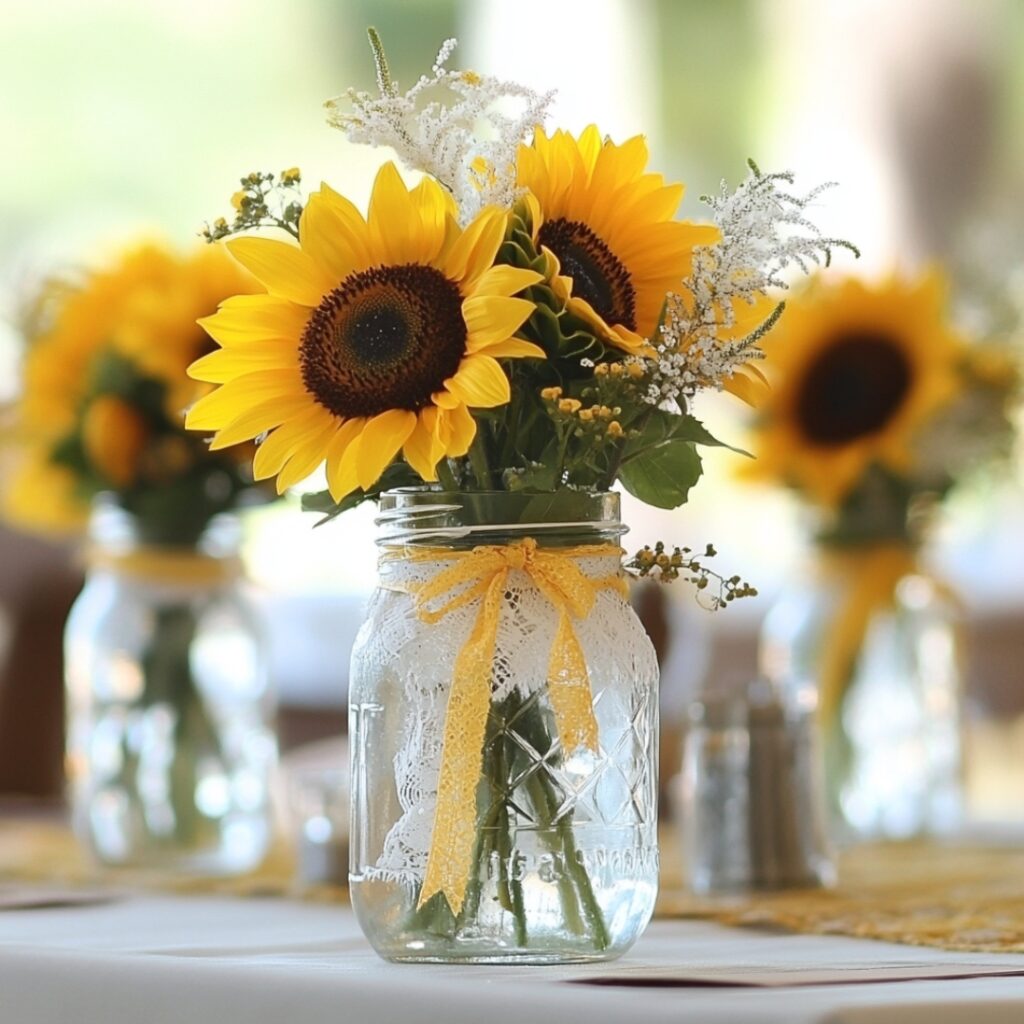A vintage-inspired sunflower wedding centerpiece with fresh sunflowers displayed in water-filled mason jars, decorated with ribbon and lace for a whimsical look.