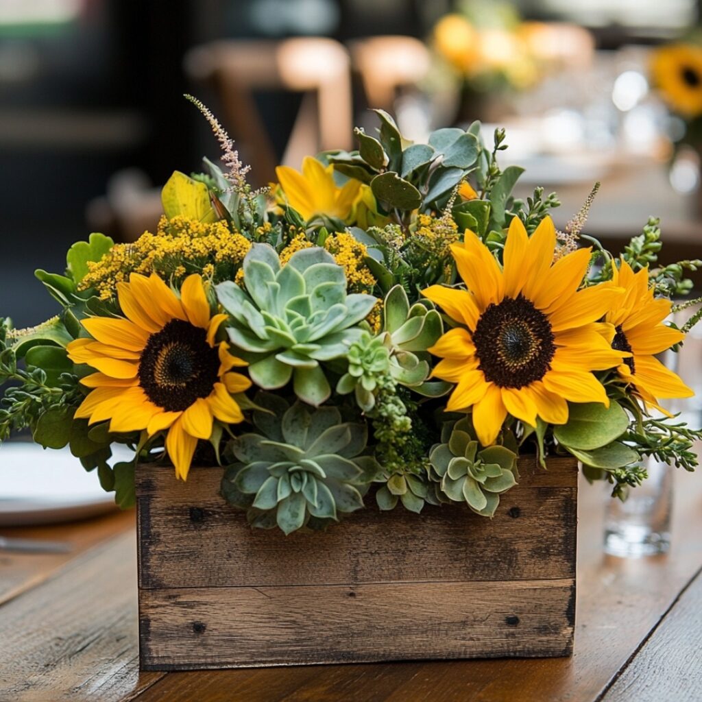 A trendy sunflower wedding centerpiece blending bright sunflowers with earthy succulents, arranged in a wooden planter for a modern, nature-inspired look.