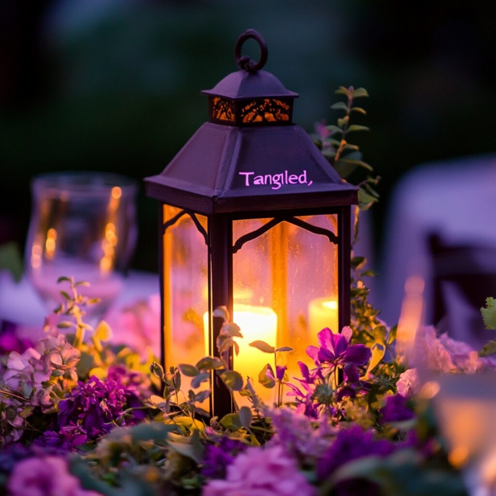 A glowing lantern centerpiece surrounded by wildflowers in shades of purple and pink, inspired by "Tangled," capturing the magical floating lantern scene for a romantic wedding design.