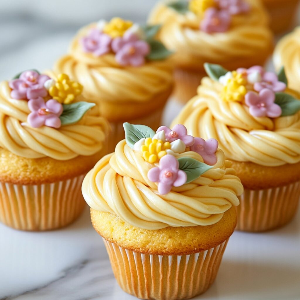 Cupcakes topped with golden buttercream frosting arranged like Rapunzel’s braid, adorned with small fondant flowers for a charming, Tangled-inspired treat.