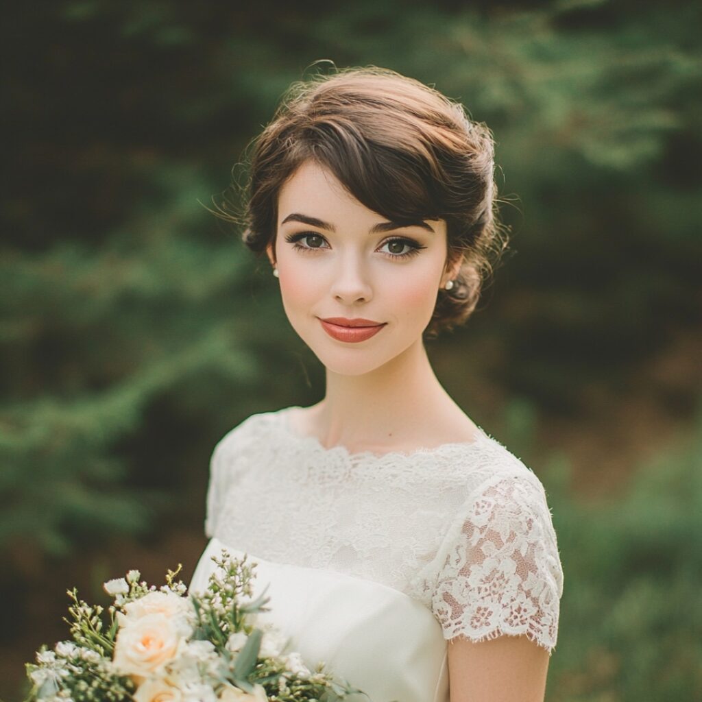 Bride in a tea-length vintage-inspired dress with cap sleeves, combining a retro vibe with modern bridal charm, perfect for a September wedding.