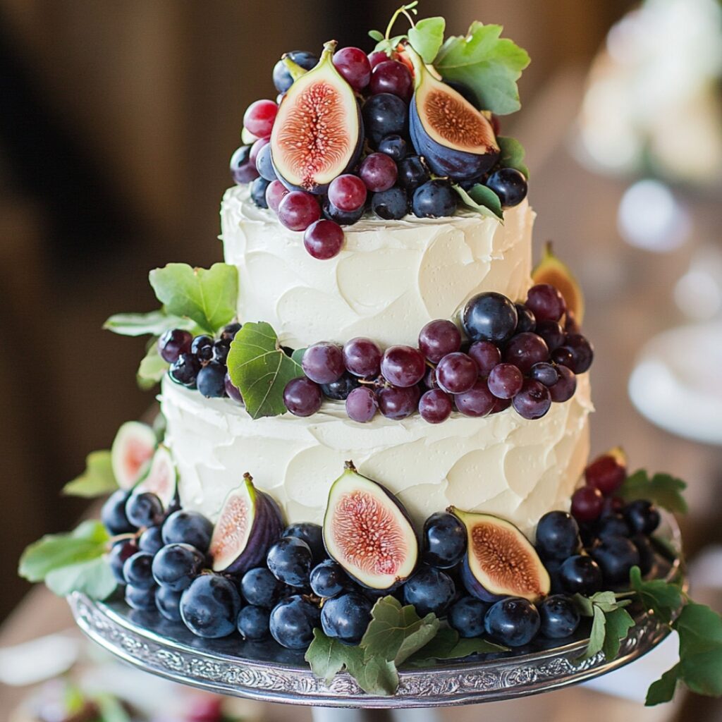 A textured buttercream wedding cake topped with fresh figs, grapes, and berries, creating a rustic and elegant design for a barn wedding.