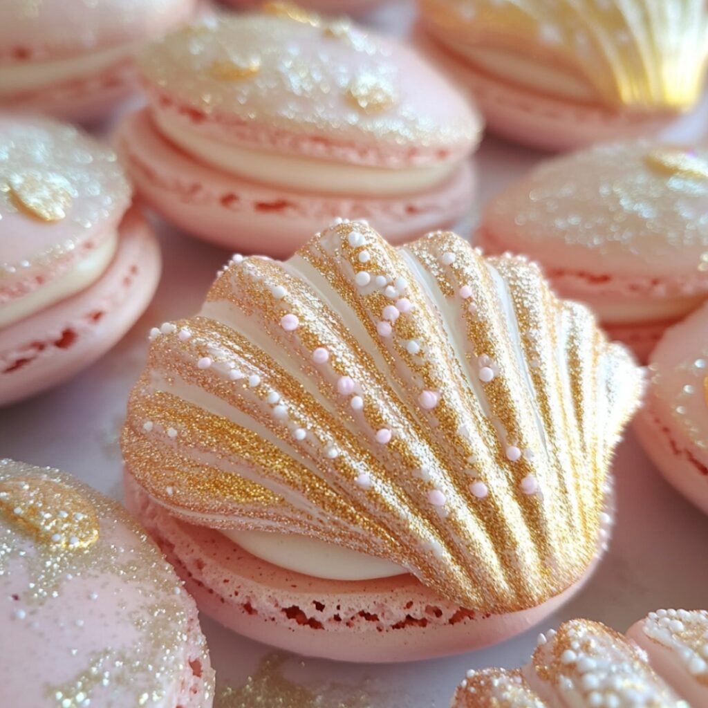 Pastel pink macarons filled with buttercream, shaped like delicate seashells and dusted with edible shimmer, perfect for a Little Mermaid theme.