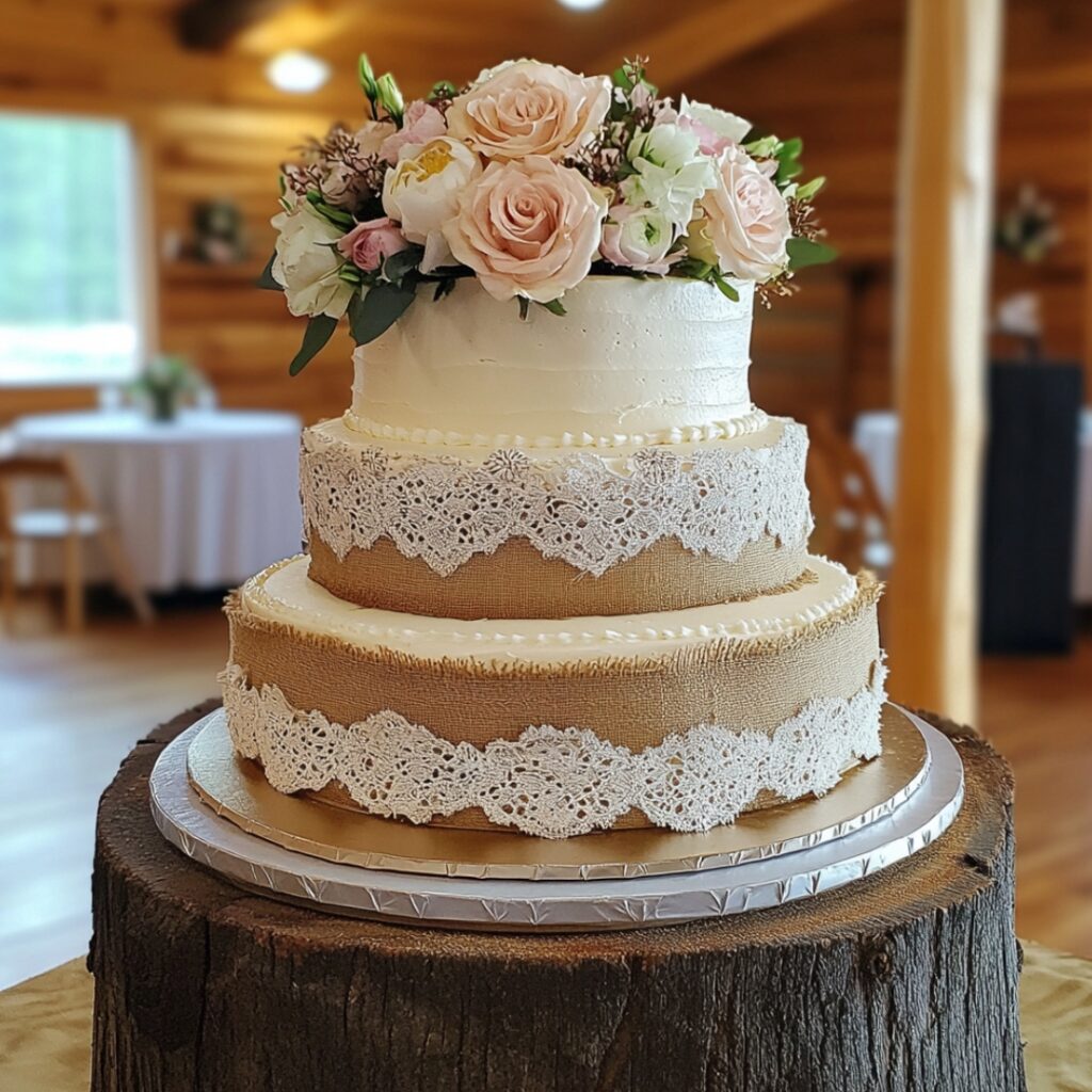 A tiered wedding cake featuring burlap and lace accents, topped with fresh flowers, combining rustic and elegant elements for a barn wedding.