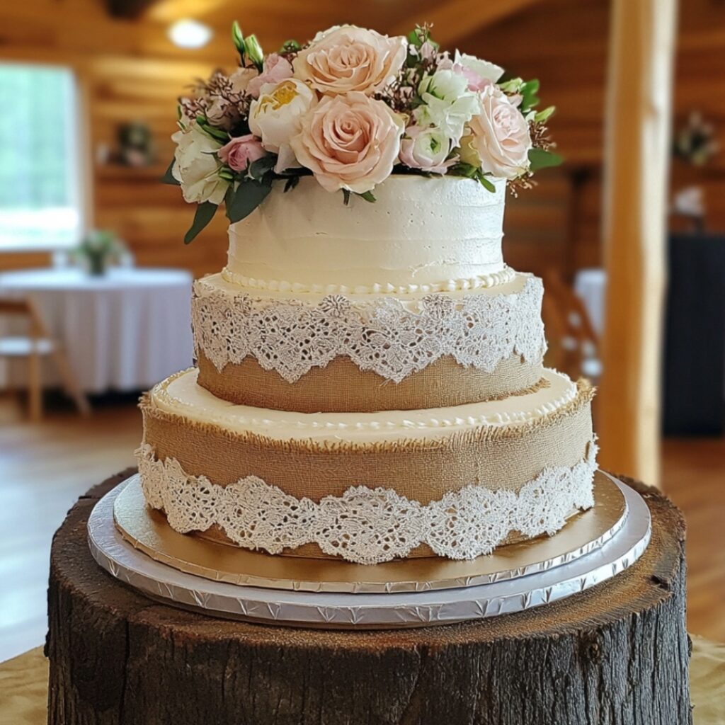 A tiered wedding cake displayed on wooden log slices, decorated with greenery and wildflowers, offering a rustic and sophisticated look for a barn wedding.